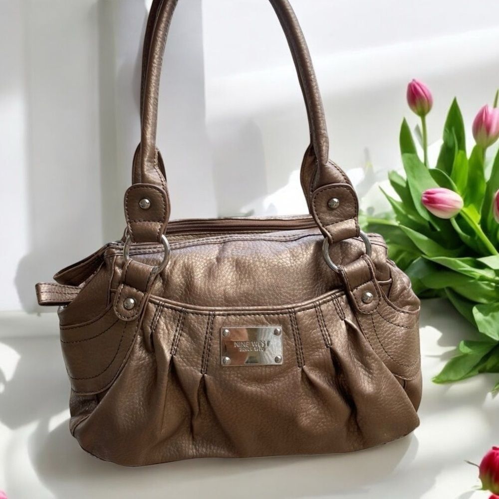 Nine West Bronze Metallic Shoulder Bag Pleated Vegan Leather Purse